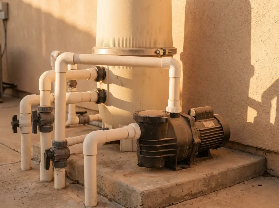Outdoor residential pool pump and filter equipment pad set against a stucco wall, in warm afternoon light.