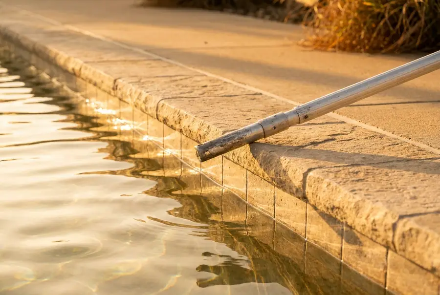 Close view of a pool skimmer-pole tip resting at a sunlit coping edge, with water rippling below.